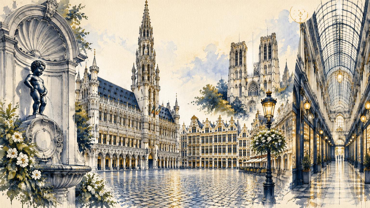 Illustration à l'aquarelle de la Grand-Place, de Manneken-Pis, de la cathédrale et des Galeries Royales